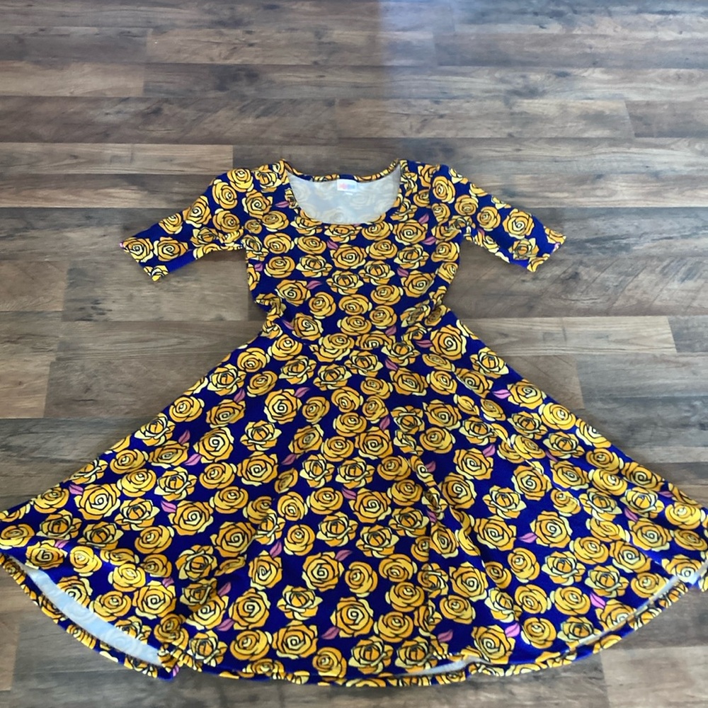 LULAROE Nicole blue and yellow flowers fit & flare